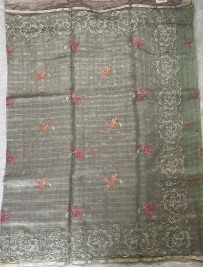 Banarasi Kora Silk Saree Light Green Colored Complemented with a Floral Zari Border. - Sampradaya Designer Studio
