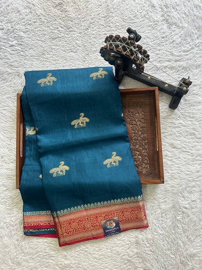 Satin Silk Saree Peacock Blue Colored Complemented with a Zari Border. - Sampradaya Designer Studio