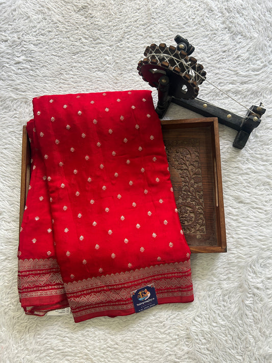 Semi Georgette Saree Red Colored Elegantly Paired with a Zari Border. - Sampradaya Designer Studio
