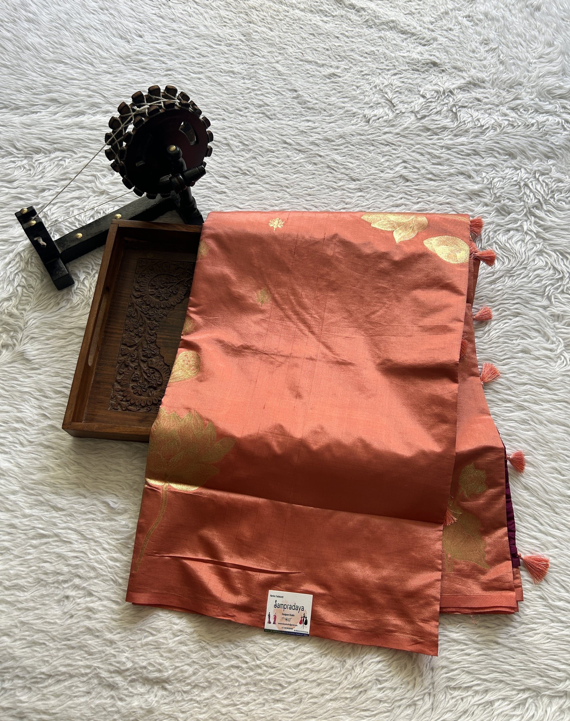 Semi Tussar Saree Peach Colored Complemented with a Borderless. - Sampradaya Designer Studio