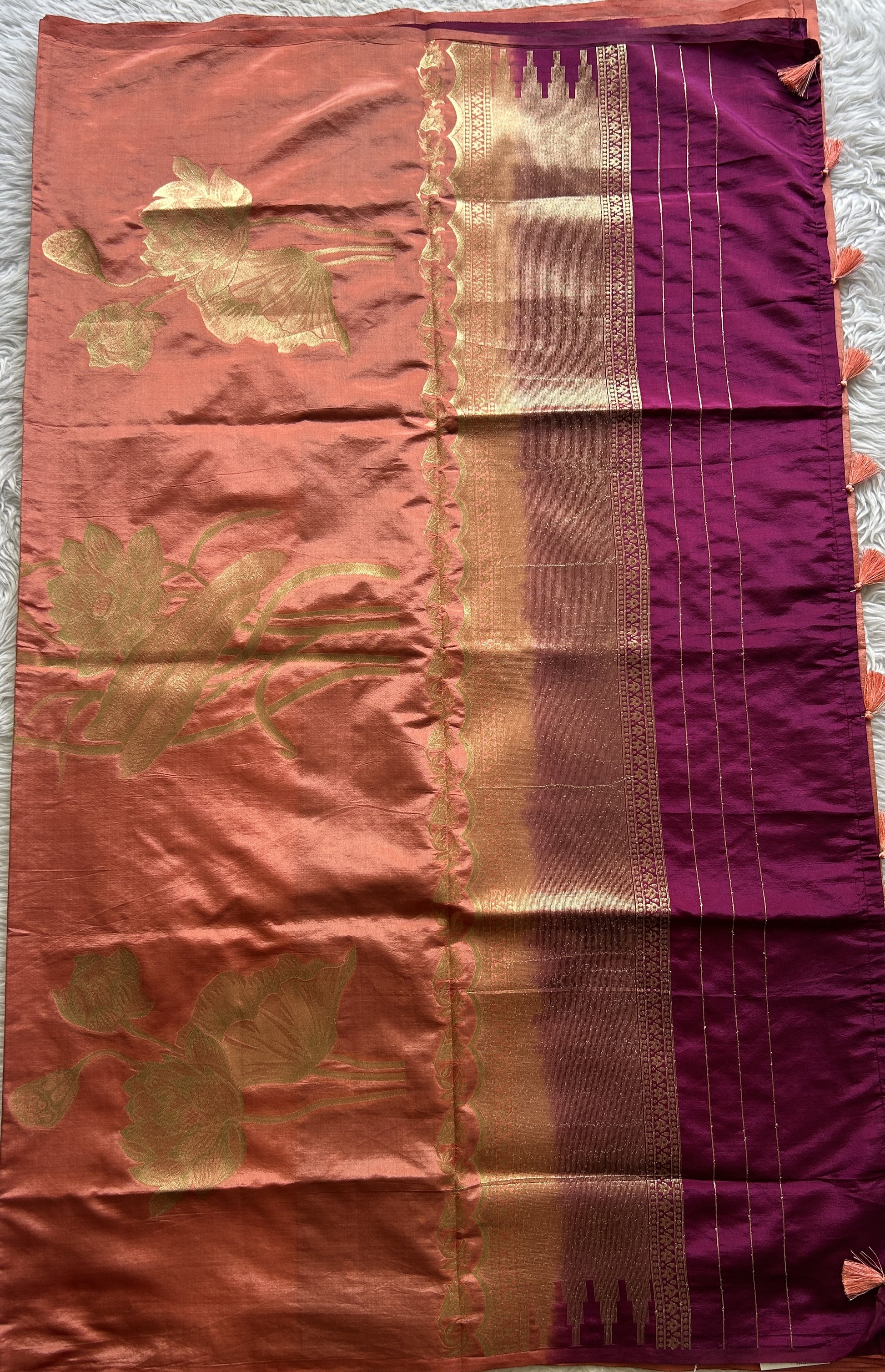 Semi Tussar Saree Peach Colored Complemented with a Borderless. - Sampradaya Designer Studio