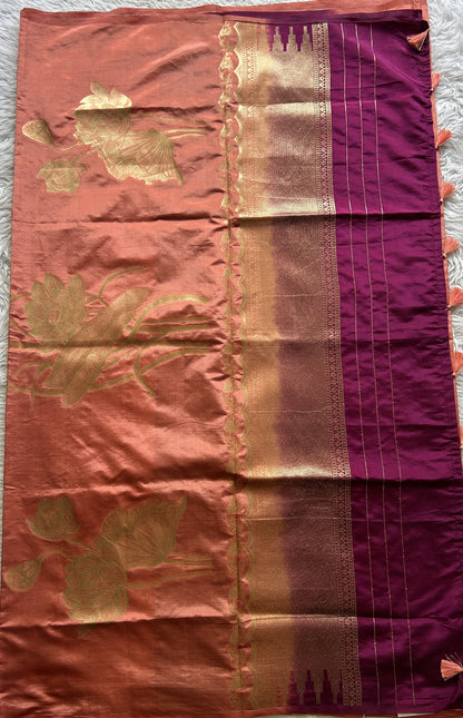 Semi Tussar Saree Peach Colored Complemented with a Borderless. - Sampradaya Designer Studio