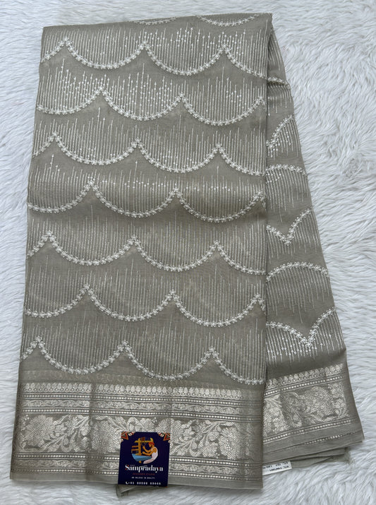 Banarasi Kora Silk Saree Beige Colored Complemented with a Zari Border. - Sampradaya Designer Studio