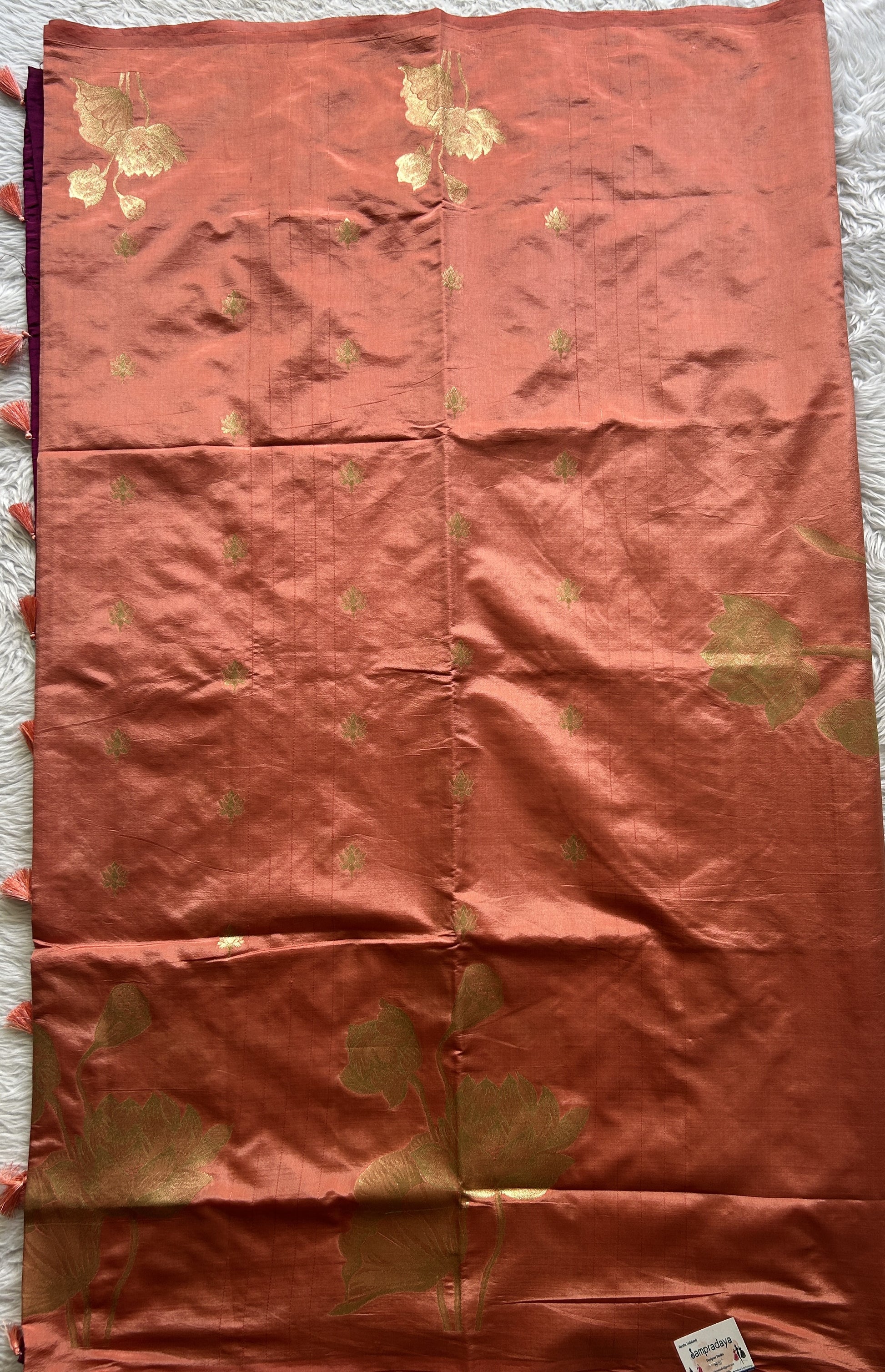Semi Tussar Saree Peach Colored Complemented with a Borderless. - Sampradaya Designer Studio