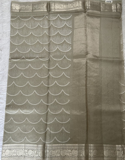 Banarasi Kora Silk Saree Beige Colored Complemented with a Zari Border. - Sampradaya Designer Studio