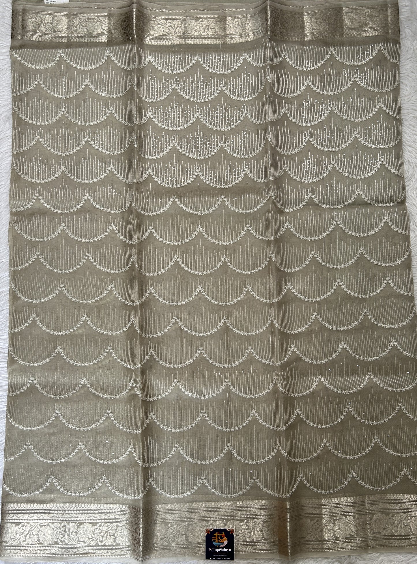 Banarasi Kora Silk Saree Beige Colored Complemented with a Zari Border. - Sampradaya Designer Studio