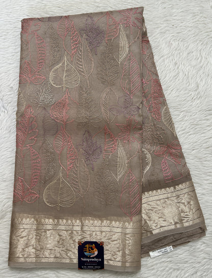 Banarasi Kora Silk Saree Light Brown Colored Complemented with a Zari Border. - Sampradaya Designer Studio