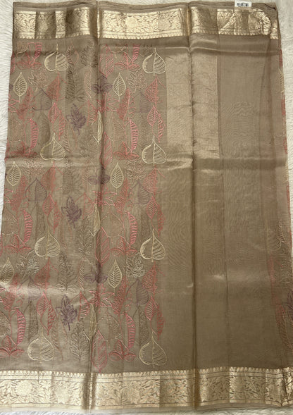 Banarasi Kora Silk Saree Light Brown Colored Complemented with a Zari Border. - Sampradaya Designer Studio
