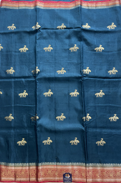 Satin Silk Saree Peacock Blue Colored Complemented with a Zari Border. - Sampradaya Designer Studio