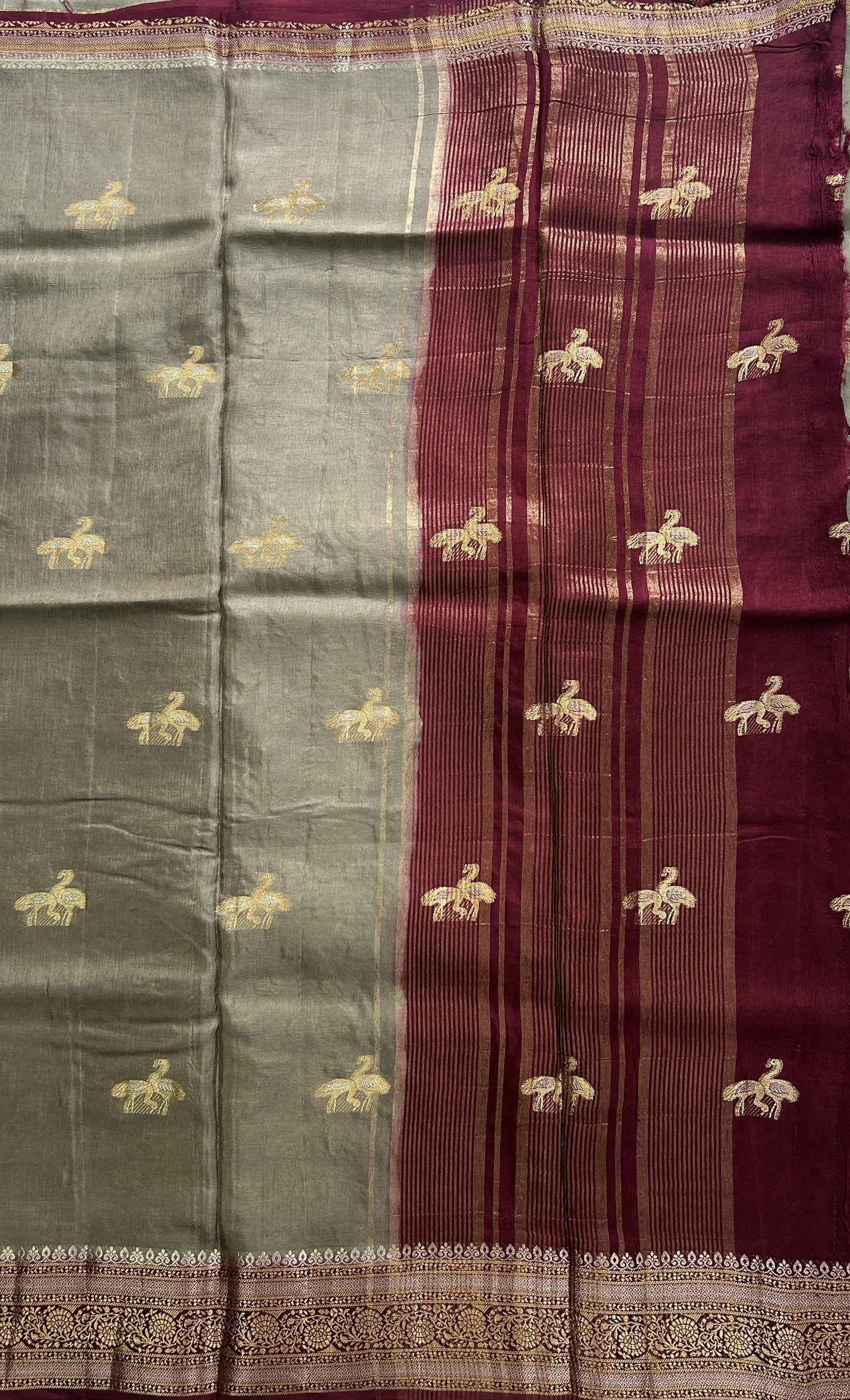 Satin Silk Saree Grey Colored Complemented with a Zari Border. - Sampradaya Designer Studio
