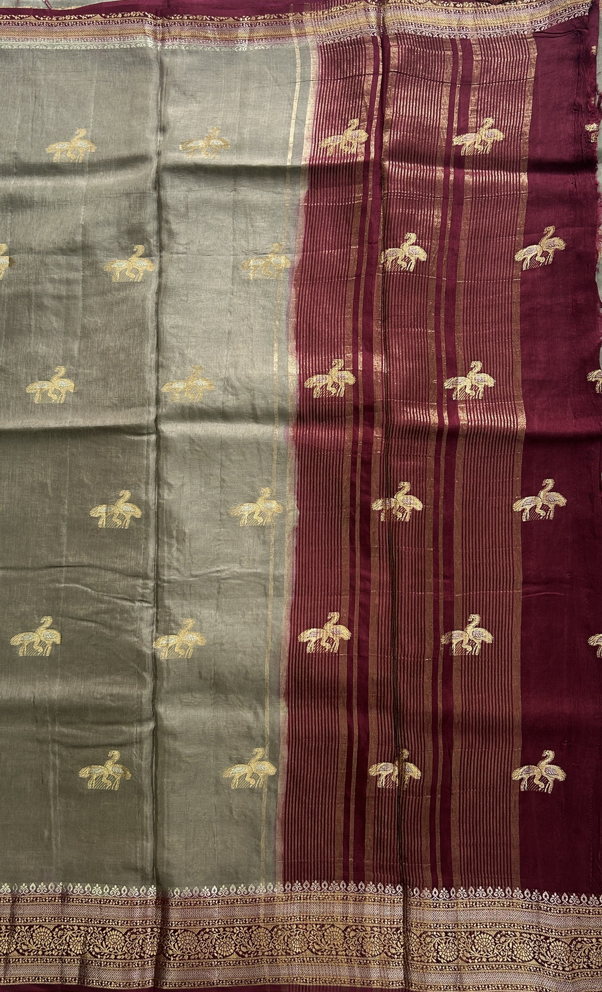 Satin Silk Saree Grey Colored Complemented with a Zari Border. - Sampradaya Designer Studio