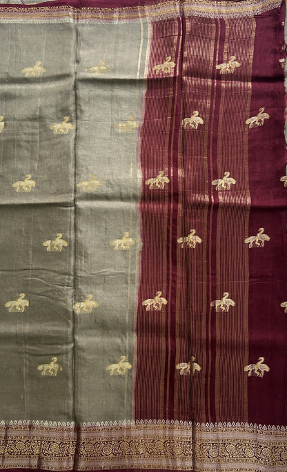 Satin Silk Saree Grey Colored Complemented with a Zari Border. - Sampradaya Designer Studio