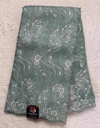 Banarasi Kora Silk Saree Sea Blue Colored Complemented with a Scallop Border. - Sampradaya Designer Studio