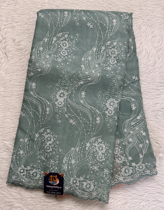 Banarasi Kora Silk Saree Sea Blue Colored Complemented with a Scallop Border. - Sampradaya Designer Studio