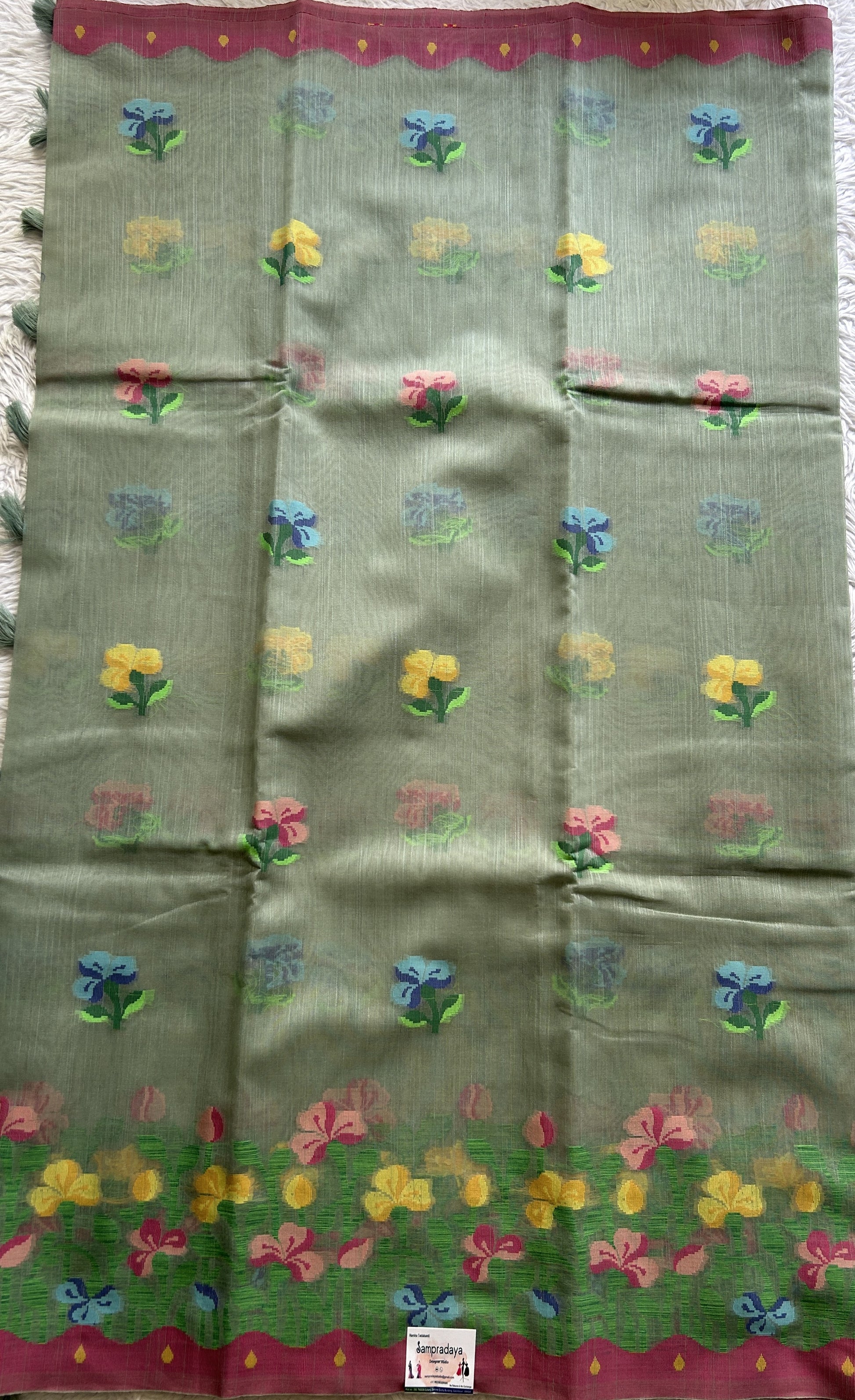 Semi Tussar Saree Light Green Colored Complemented with a Thread Border. - Sampradaya Designer Studio
