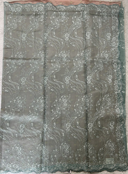 Banarasi Kora Silk Saree Sea Blue Colored Complemented with a Scallop Border. - Sampradaya Designer Studio