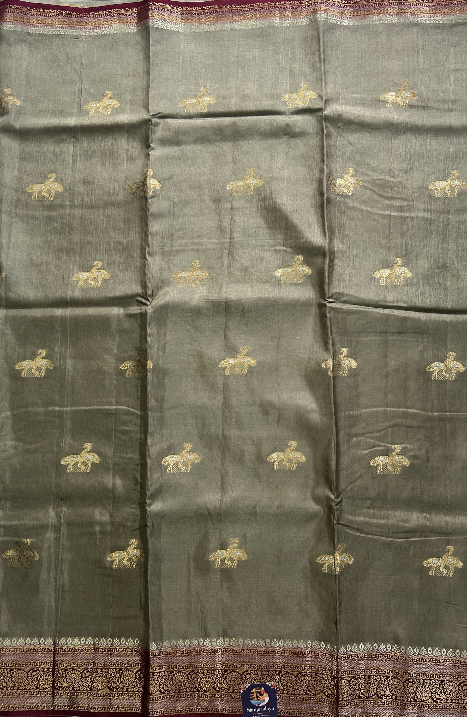Satin Silk Saree Grey Colored Complemented with a Zari Border. - Sampradaya Designer Studio