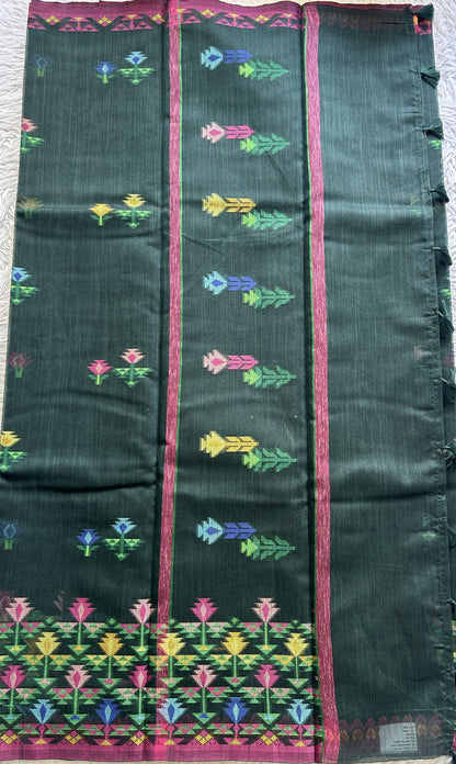 Semi Tussar Saree Bottle Green Colored Complemented with a Thread Border. - Sampradaya Designer Studio