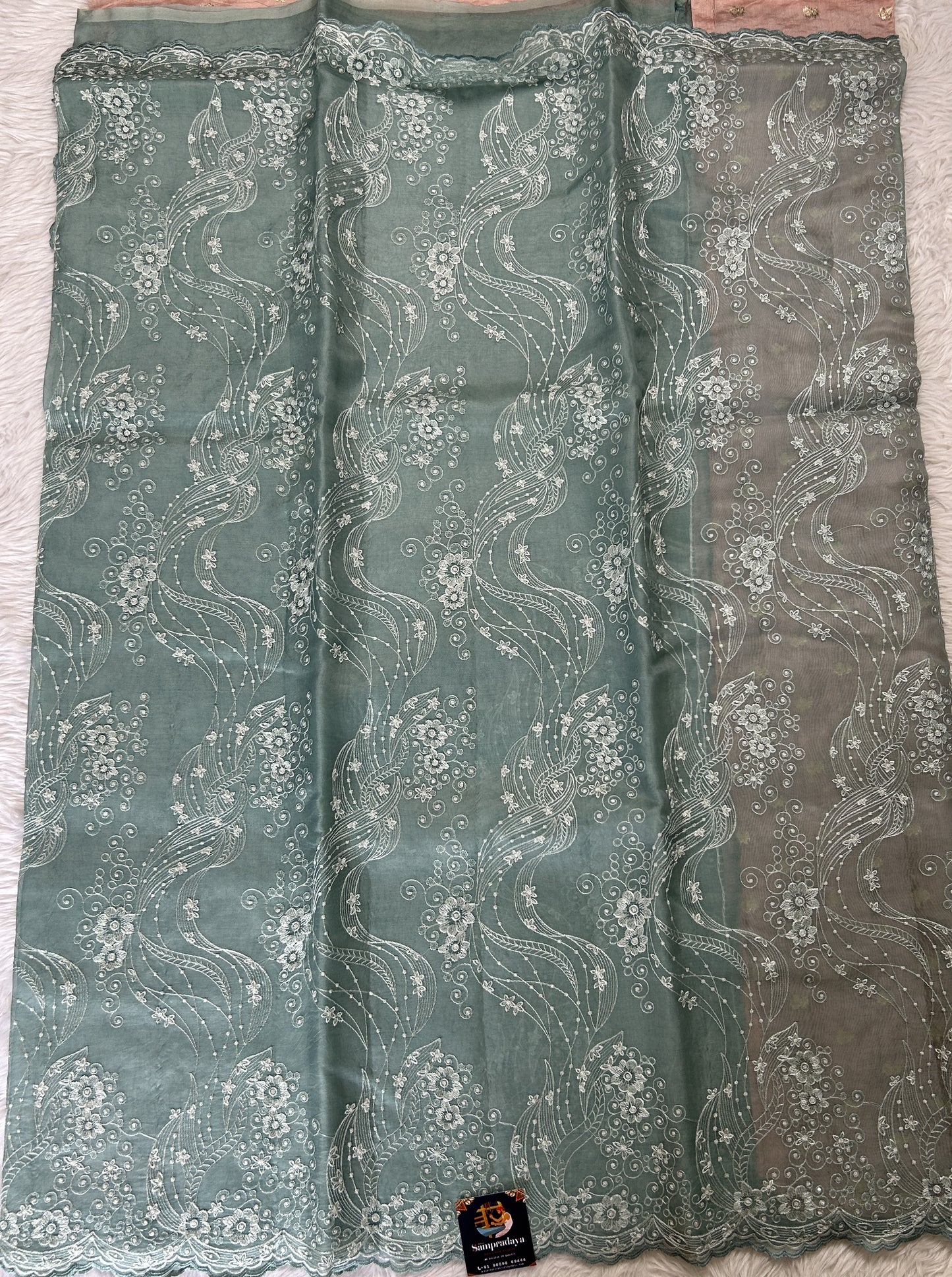 Banarasi Kora Silk Saree Sea Blue Colored Complemented with a Scallop Border. - Sampradaya Designer Studio