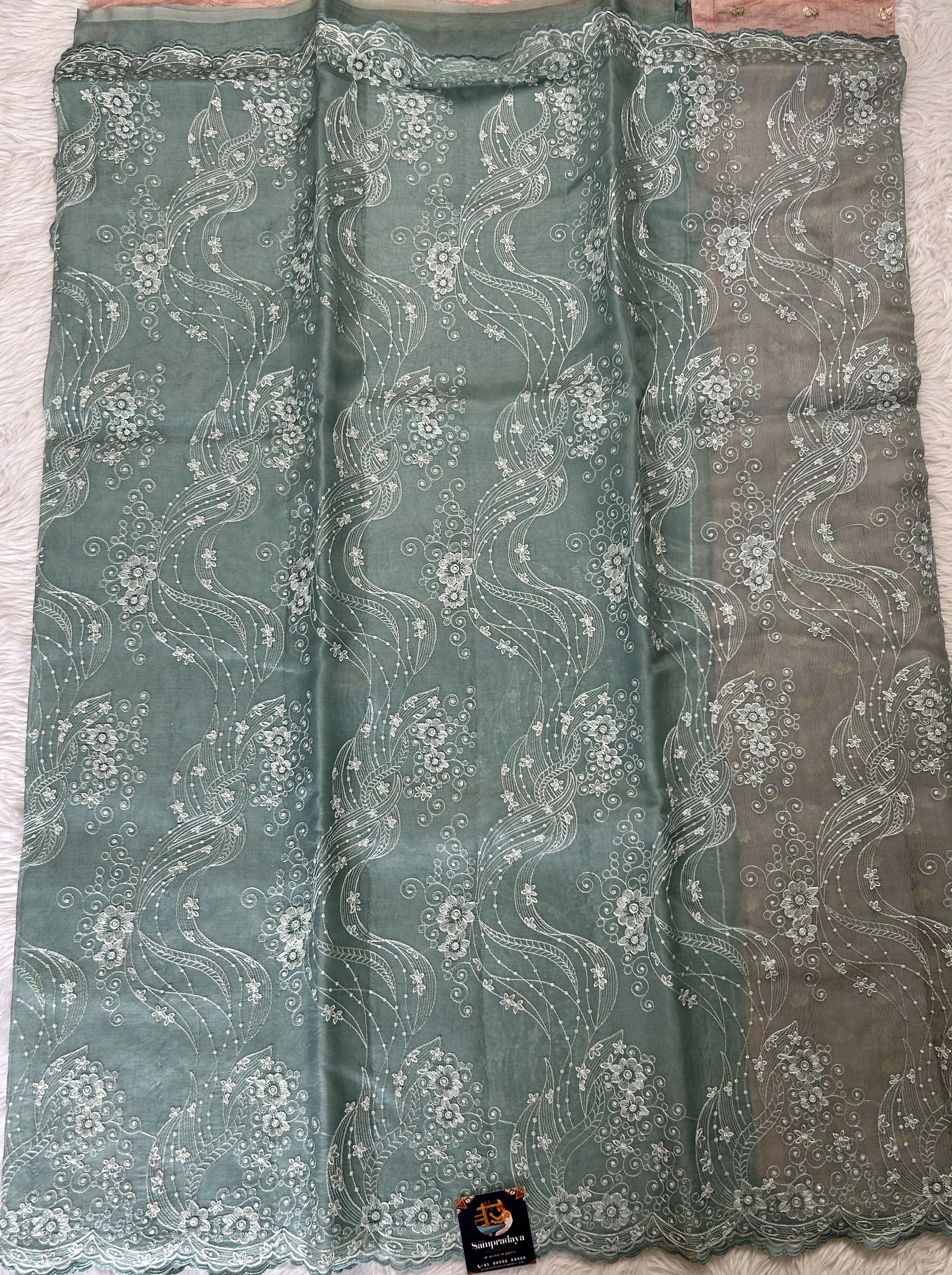 Banarasi Kora Silk Saree Sea Blue Colored Complemented with a Scallop Border. - Sampradaya Designer Studio