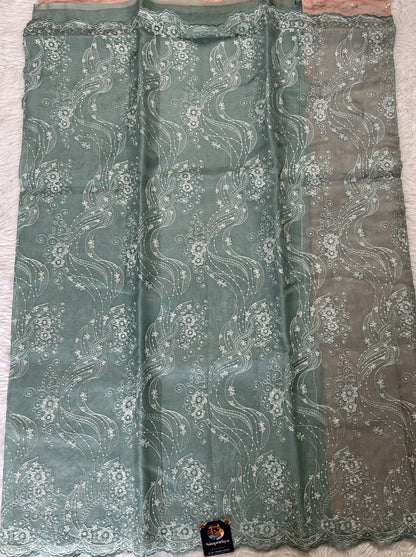 Banarasi Kora Silk Saree Sea Blue Colored Complemented with a Scallop Border. - Sampradaya Designer Studio