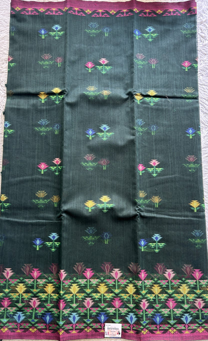 Semi Tussar Saree Bottle Green Colored Complemented with a Thread Border. - Sampradaya Designer Studio