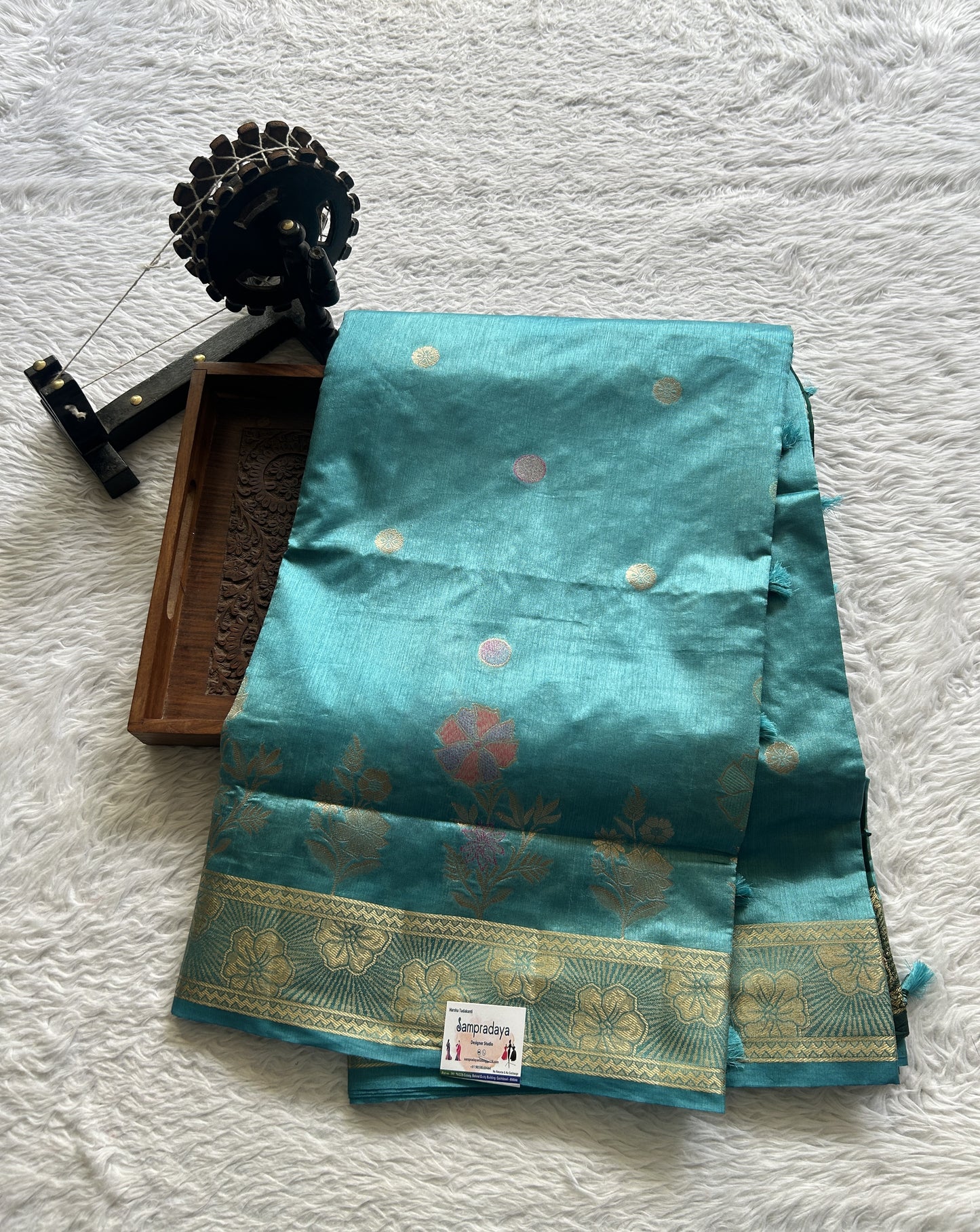 Semi Raw Silk Saree Cyan Blue Colored Complemented with a Zari Border. - Sampradaya Designer Studio