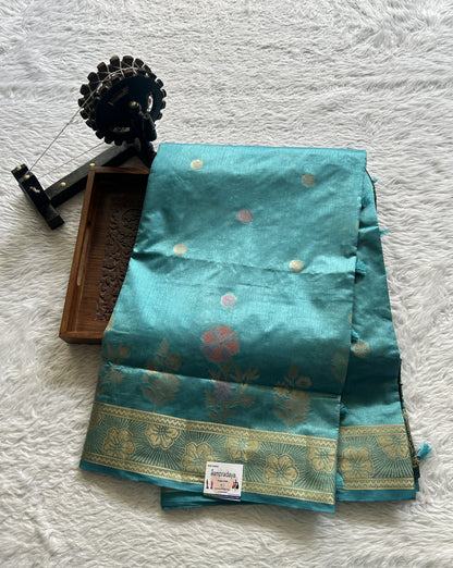 Semi Raw Silk Saree Cyan Blue Colored Complemented with a Zari Border. - Sampradaya Designer Studio