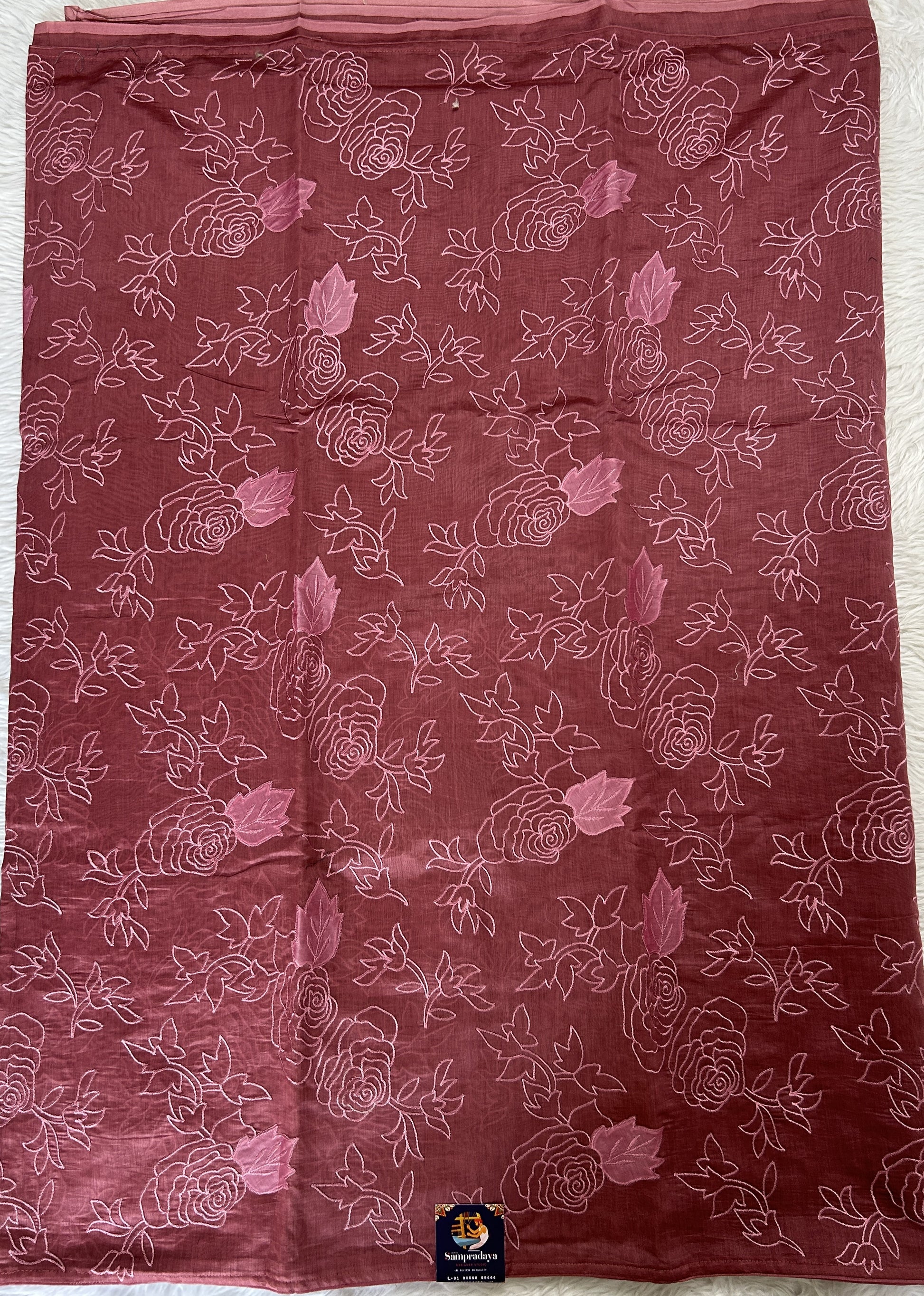 Applique Work Saree Rusty Rose Colored Complemented with a Borderless. - Sampradaya Designer Studio