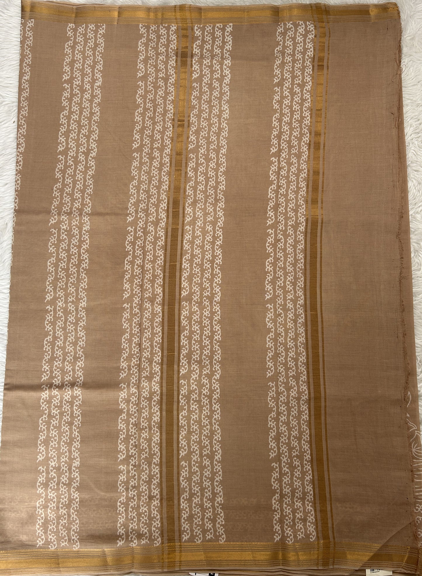 Banarasi Cotton Saree Biscuit Colored Complemented with a Zari Border. - Sampradaya Designer Studio