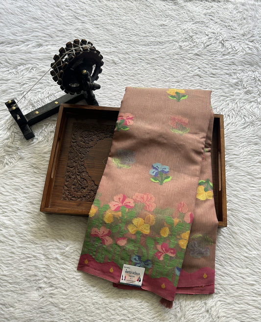 Semi Tussar Saree Sand Colored complemented with a Thread Border. - Sampradaya Designer Studio