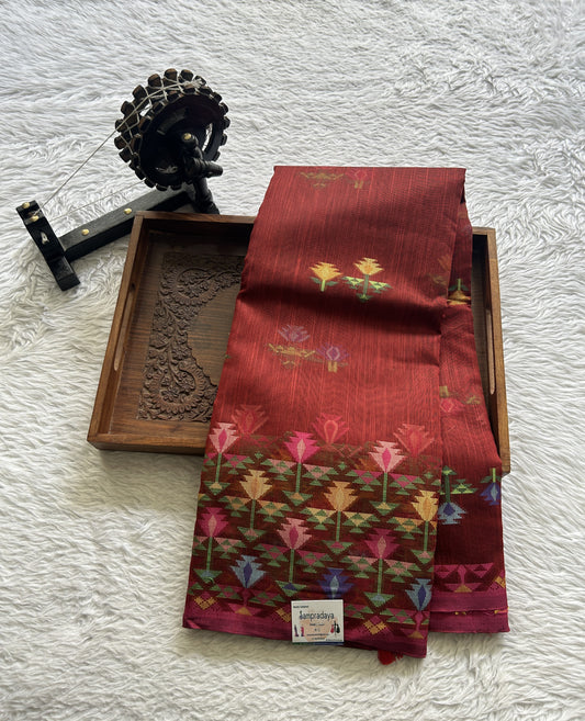 Semi Tussar Saree Maroon Colored complemented with a Thread Border. - Sampradaya Designer Studio