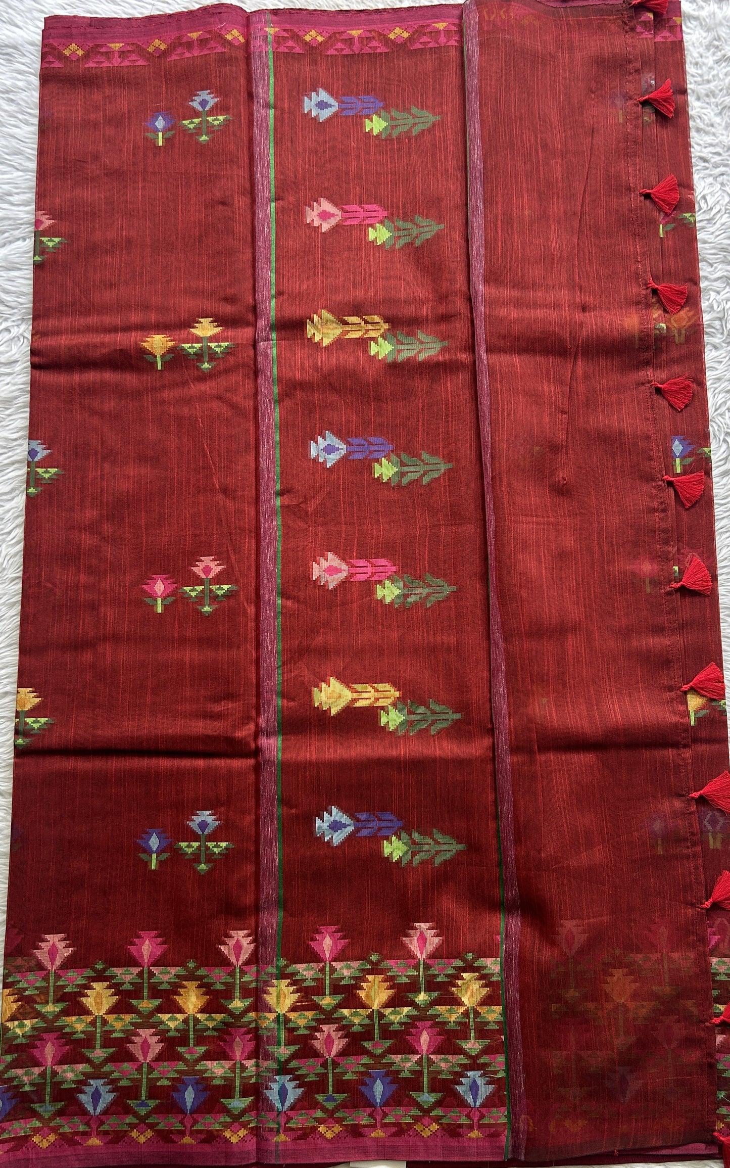 Semi Tussar Saree Maroon Colored complemented with a Thread Border. - Sampradaya Designer Studio