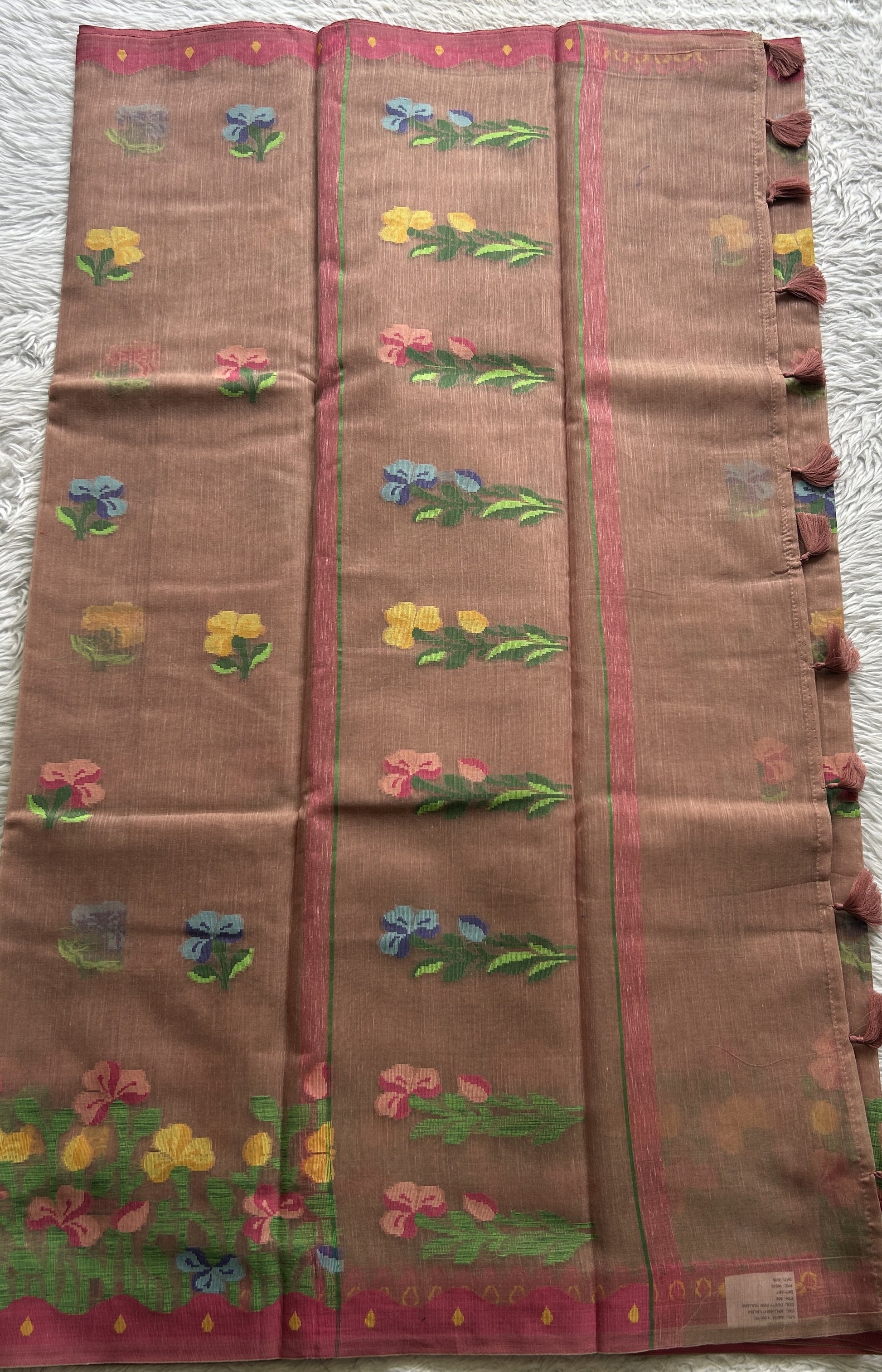 Semi Tussar Saree Sand Colored complemented with a Thread Border. - Sampradaya Designer Studio