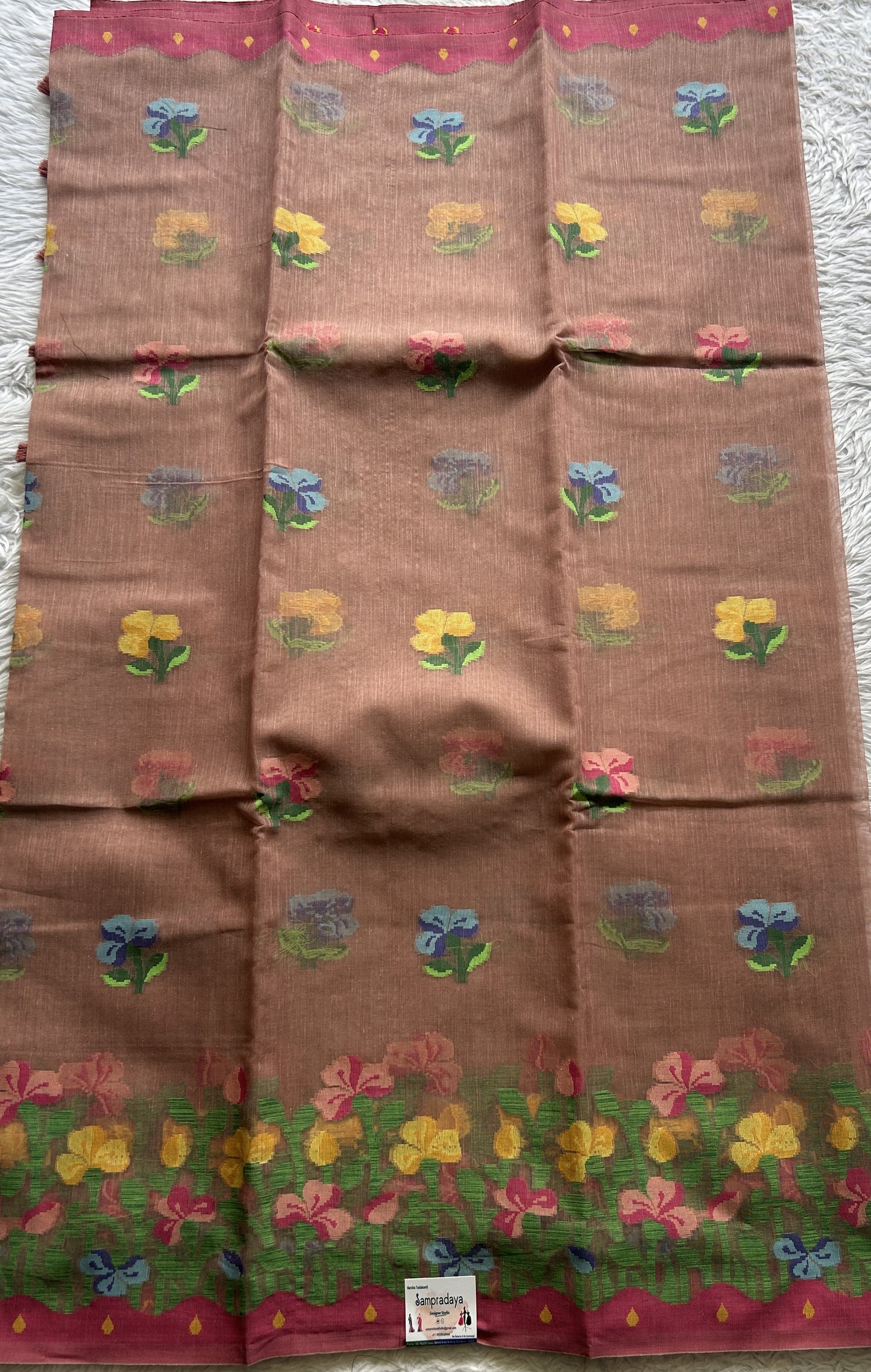 Semi Tussar Saree Sand Colored complemented with a Thread Border. - Sampradaya Designer Studio