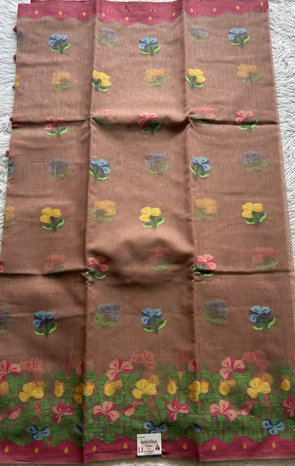 Semi Tussar Saree Sand Colored complemented with a Thread Border. - Sampradaya Designer Studio