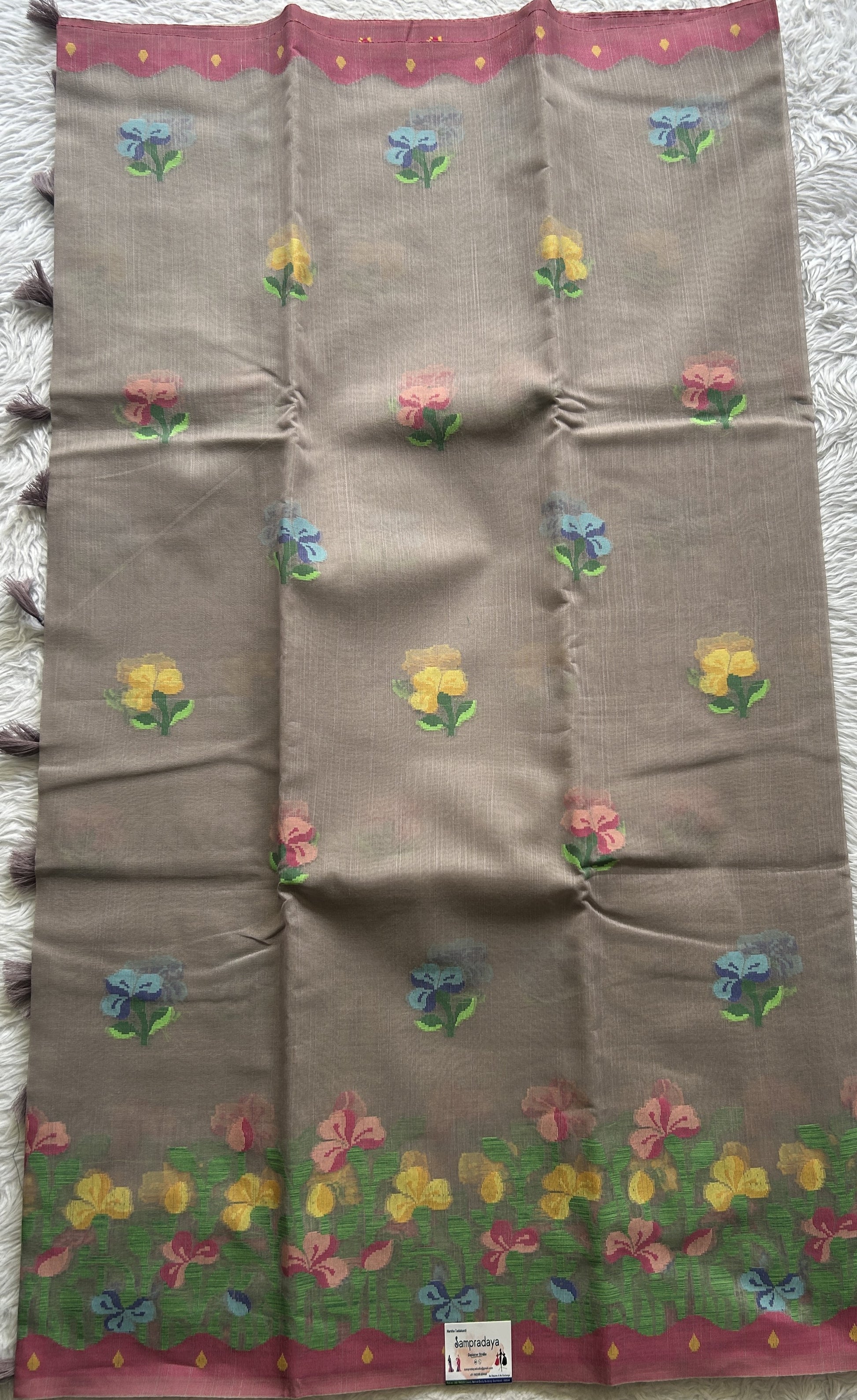 Semi Tussar Saree Gray Colored complemented with a Thread Border. - Sampradaya Designer Studio