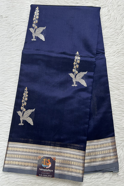 Banarasi Katan Silk Saree Ink Blue Colored Complemented with a Zari border. - Sampradaya Designer Studio