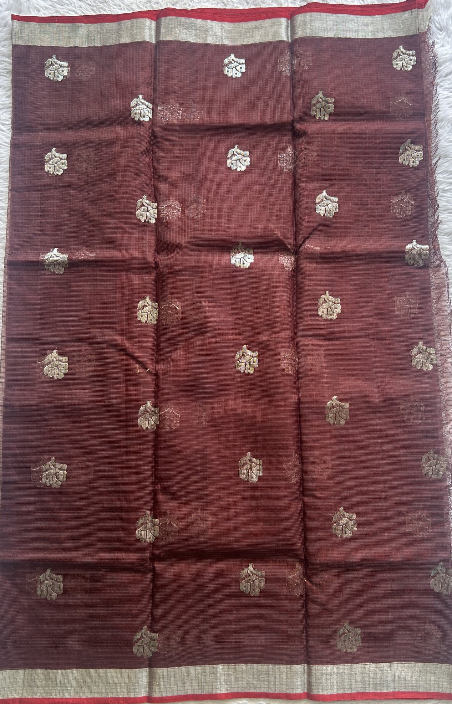Pure Zarikota Saree Brown Colored Complemented with a Yellow Zari border. - Sampradaya Designer Studio