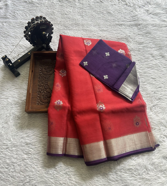 Pure Zarikota Saree Red Colored Complemented with a Zari border. - Sampradaya Designer Studio
