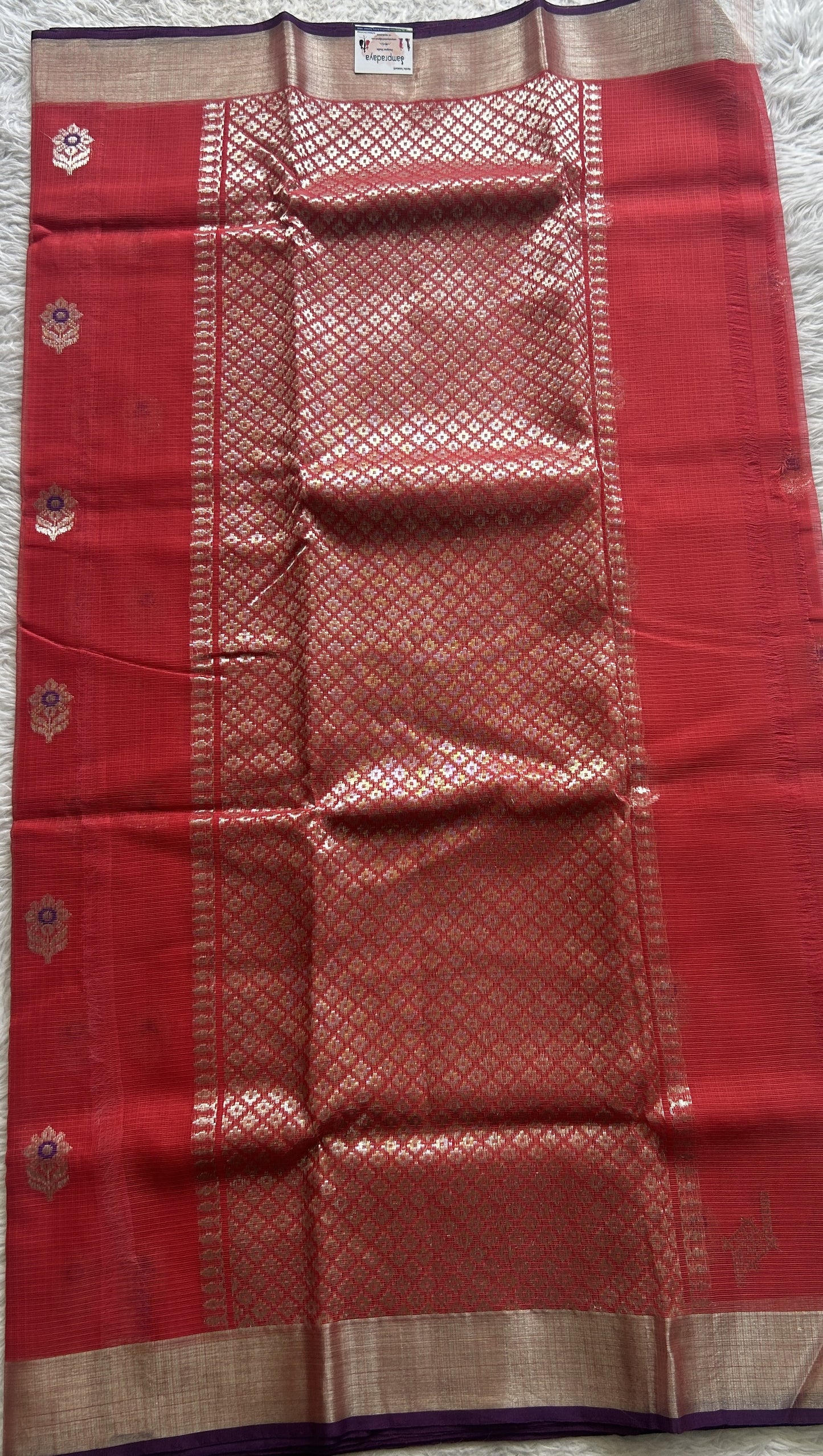 Pure Zarikota Saree Red Colored Complemented with a Zari border. - Sampradaya Designer Studio