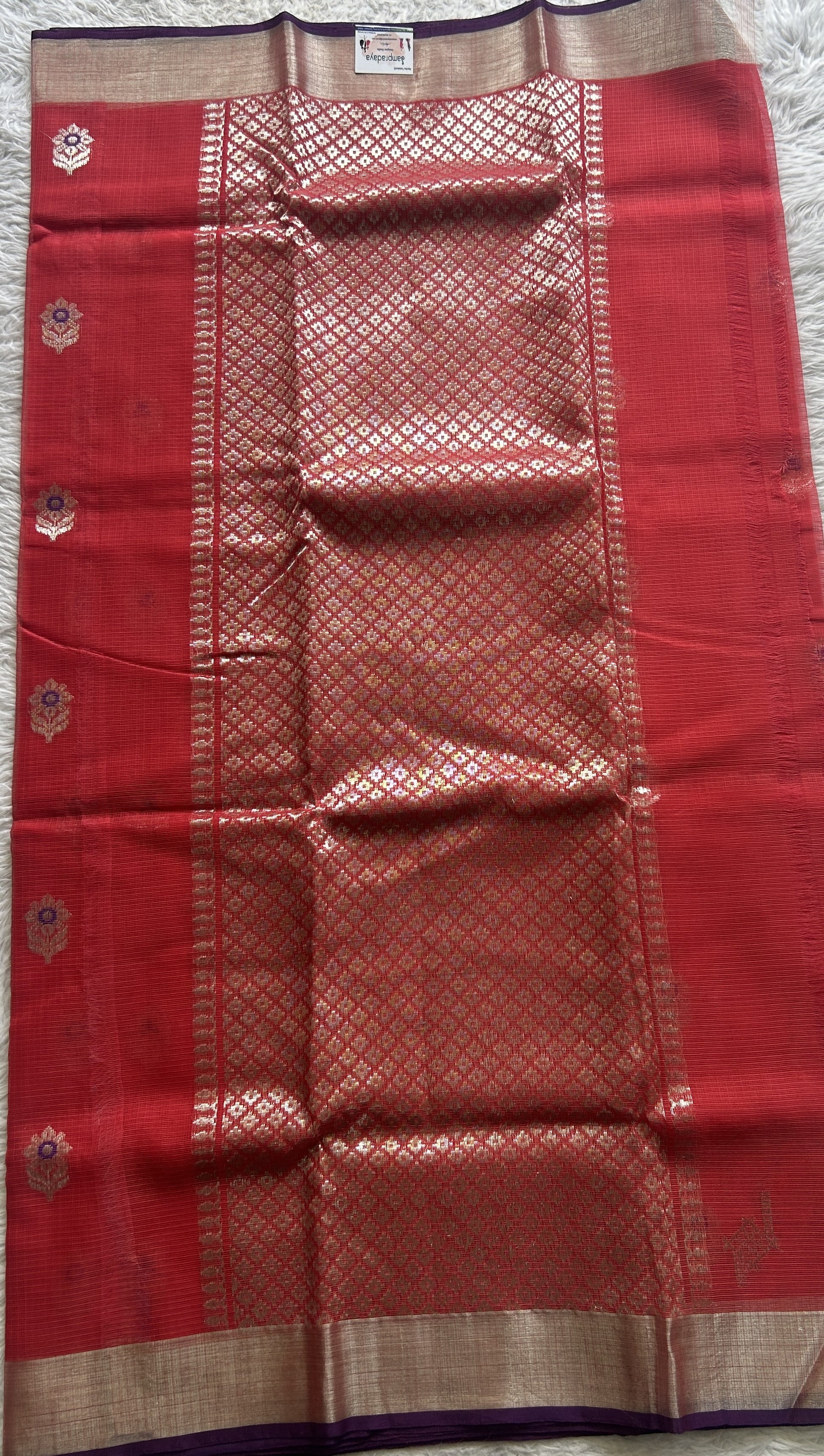 Pure Zarikota Saree Red Colored Complemented with a Zari border. - Sampradaya Designer Studio