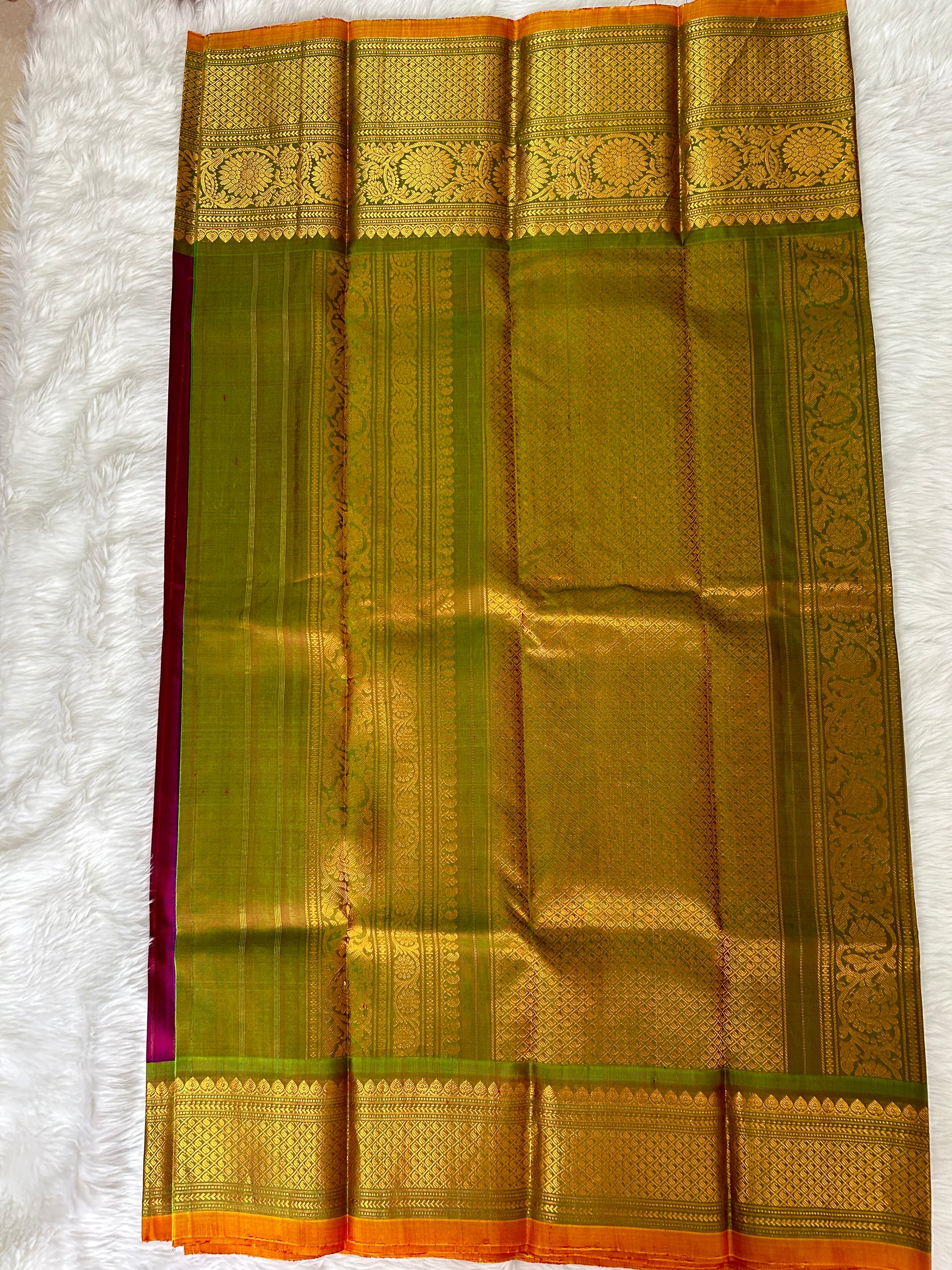 Gadwal Pattu Saree Purple Colored Complemented With a Mehndi Green Kanchi Border - Sampradaya Designer Studio