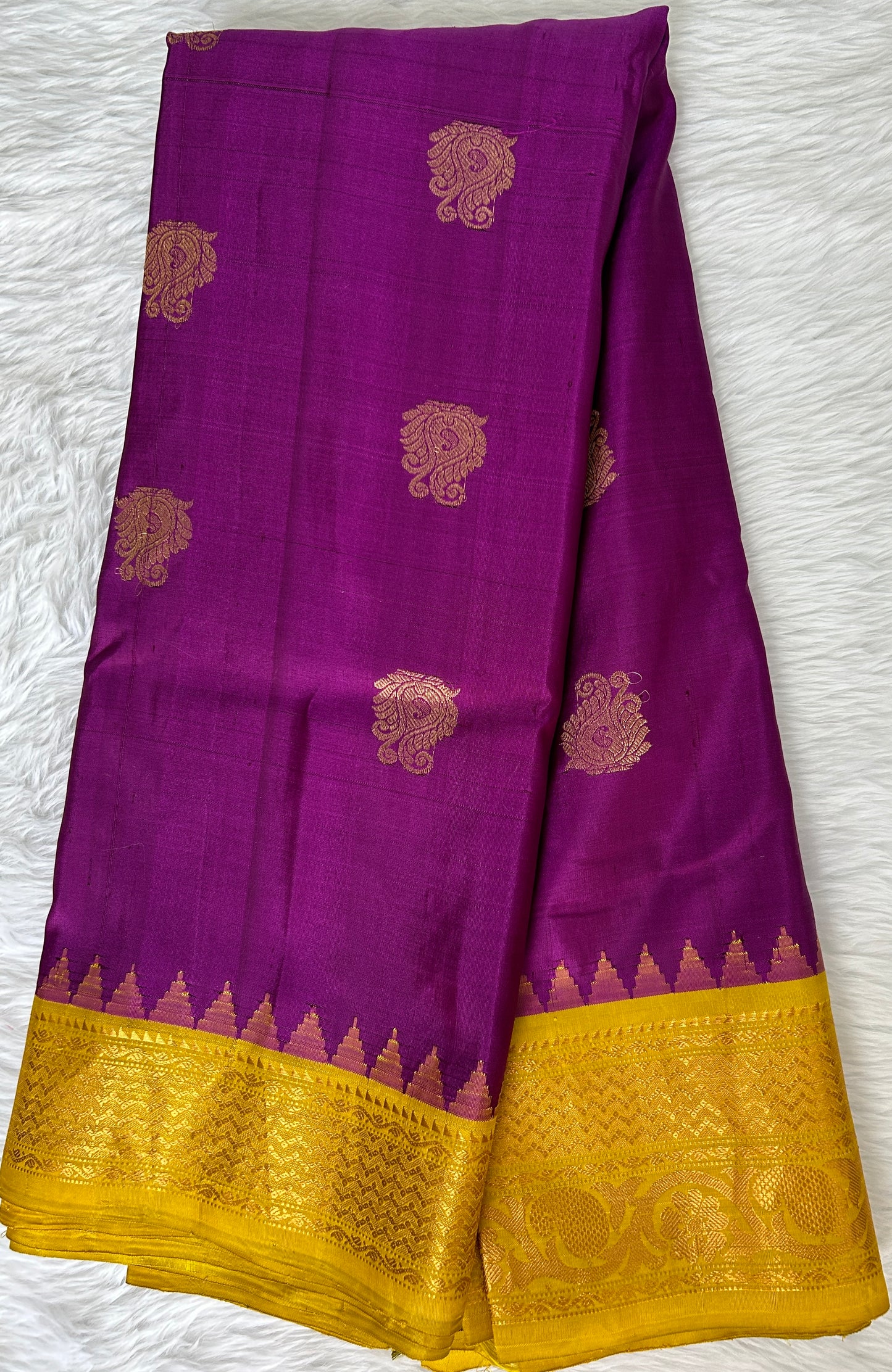 Gadwal Pattu Saree Purple Colored Complemented With a Pattu Mustard Yellow Border - Sampradaya Designer Studio