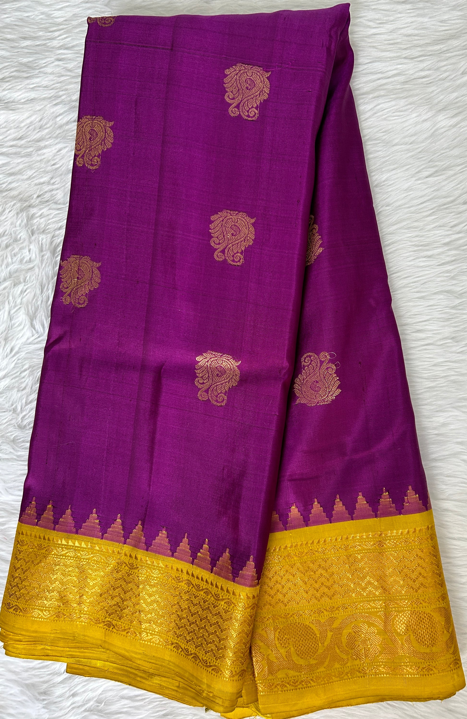 Gadwal Pattu Saree Purple Colored Complemented With a Pattu Mustard Yellow Border - Sampradaya Designer Studio