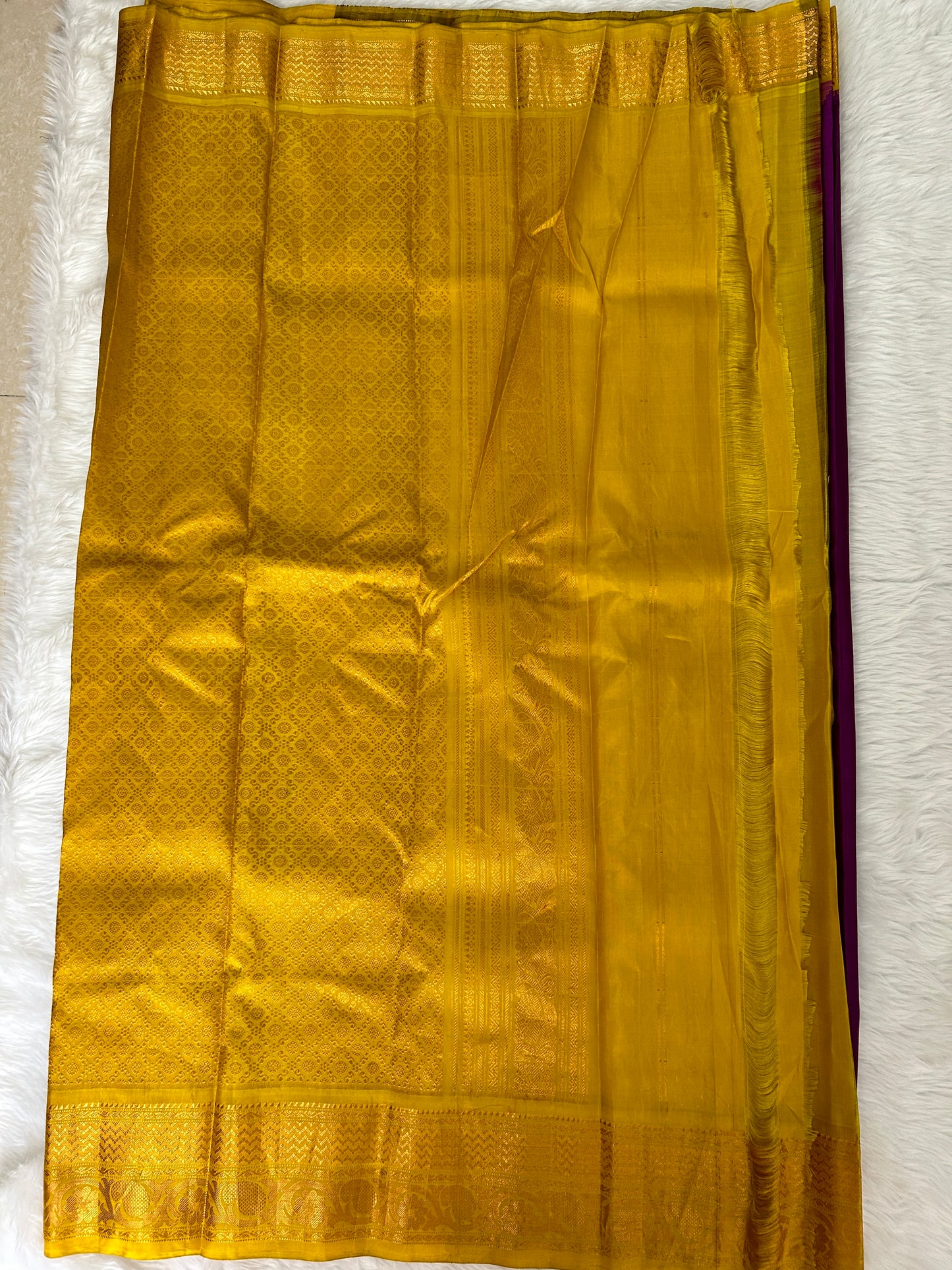 Gadwal Pattu Saree Purple Colored Complemented With a Pattu Mustard Yellow Border - Sampradaya Designer Studio