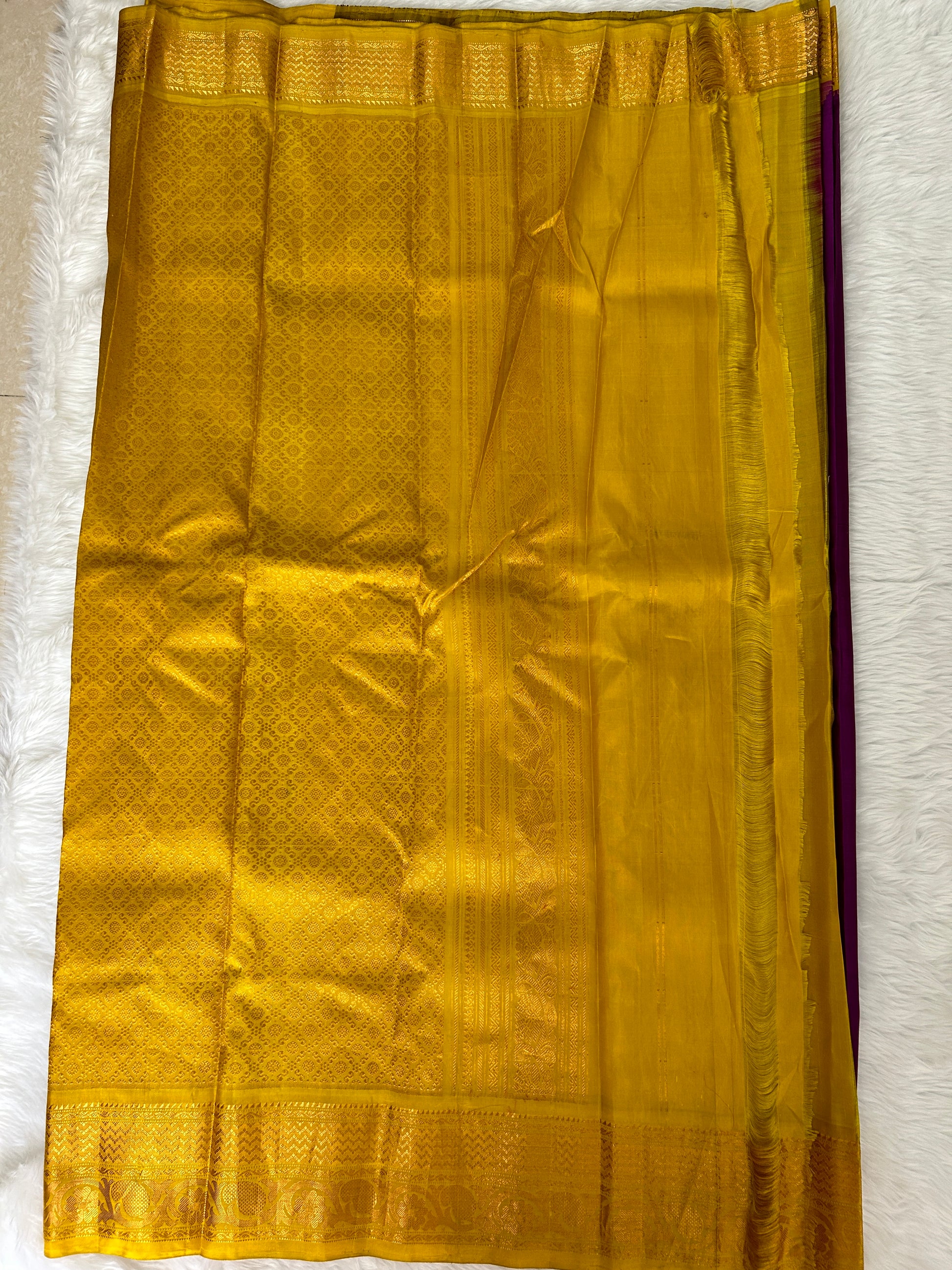 Gadwal Pattu Saree Purple Colored Complemented With a Pattu Mustard Yellow Border - Sampradaya Designer Studio