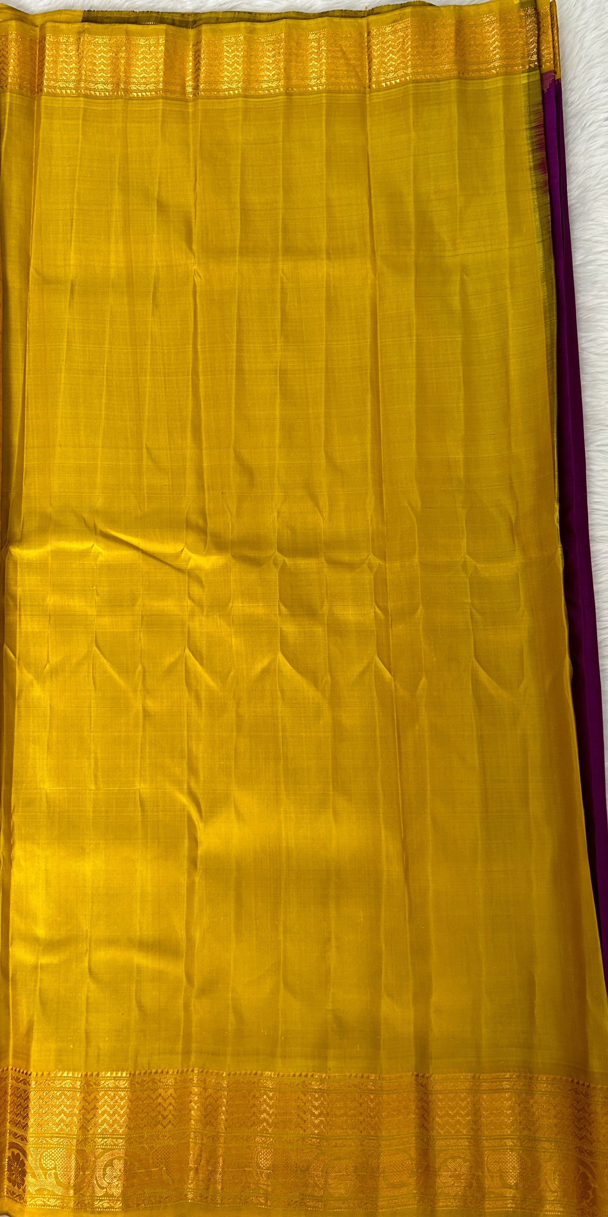 Gadwal Pattu Saree Purple Colored Complemented With a Pattu Mustard Yellow Border - Sampradaya Designer Studio