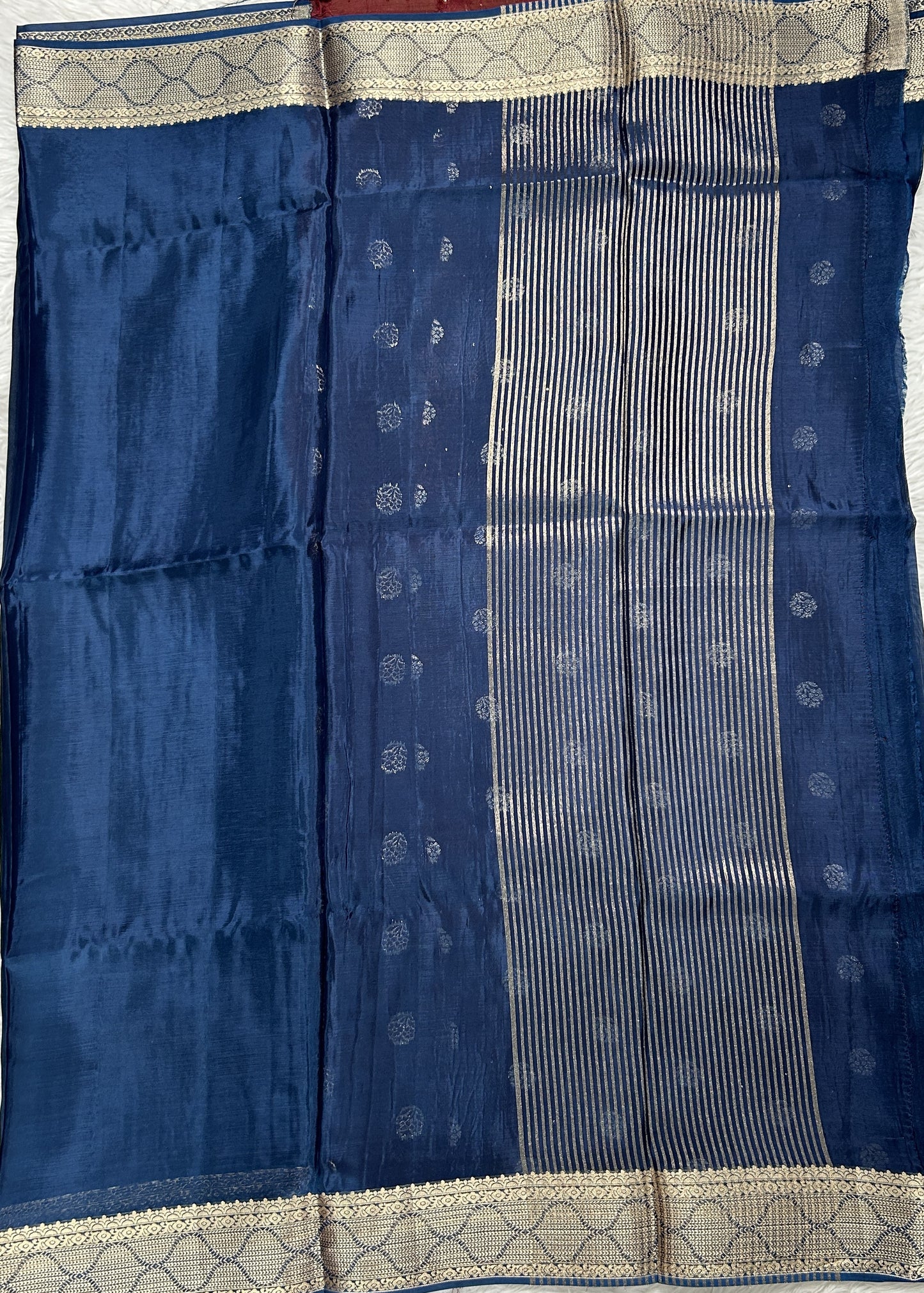 Satin Georgette Saree Indigo Blue Colored Complemented with a Zari Border. - Sampradaya Designer Studio