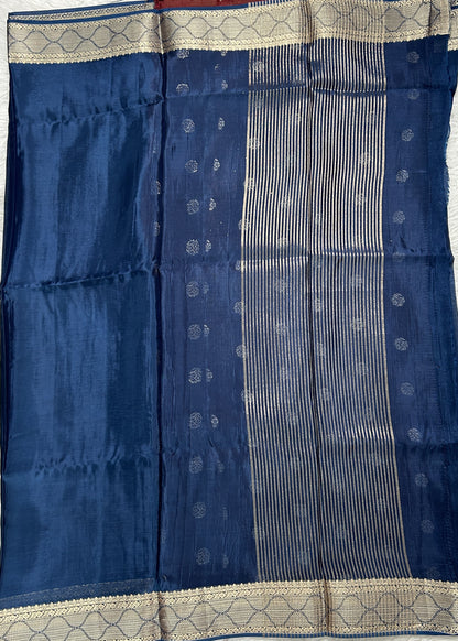 Satin Georgette Saree Indigo Blue Colored Complemented with a Zari Border. - Sampradaya Designer Studio